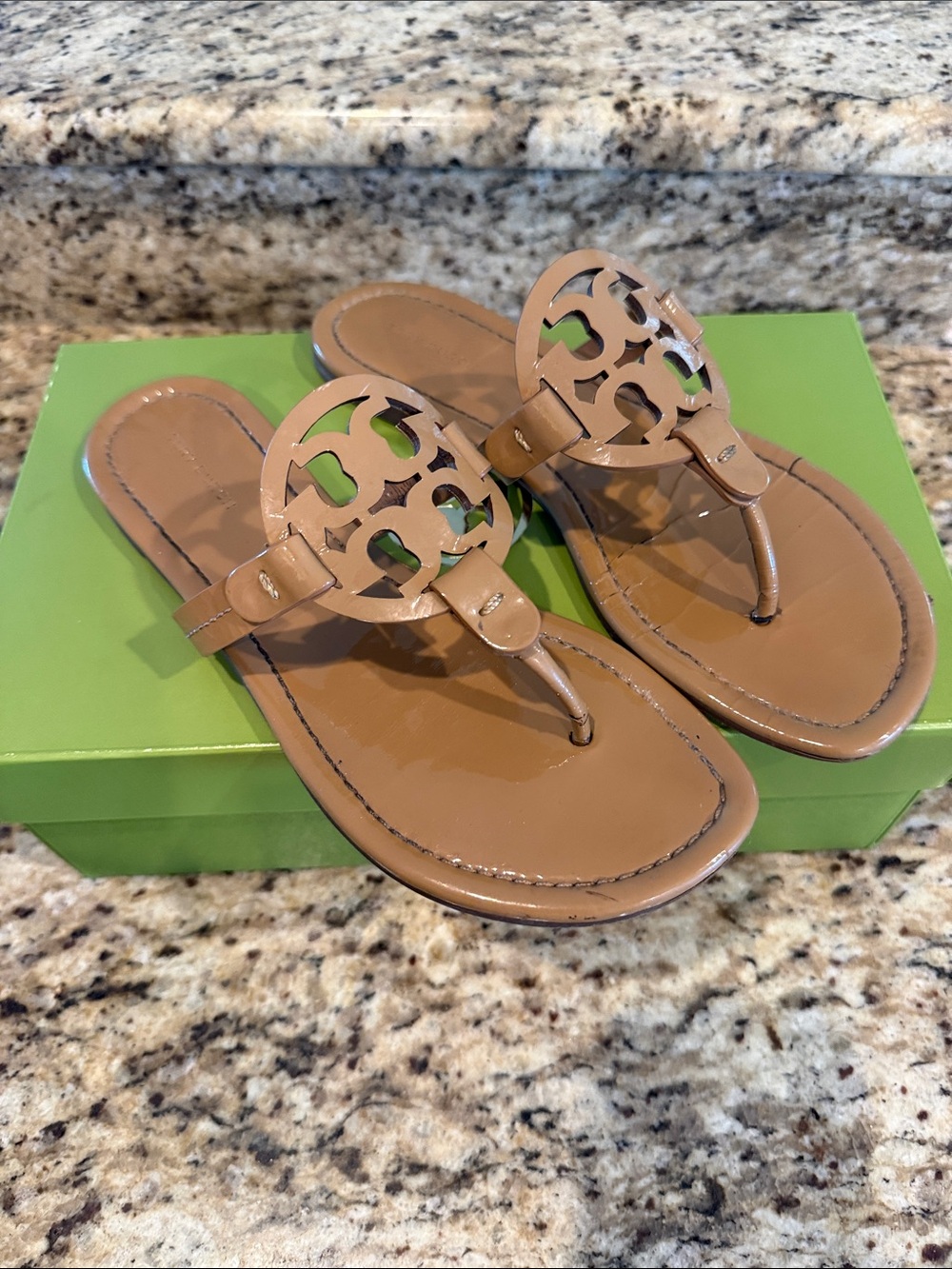 Tory Burch Brown Leather Miller Logo Thong Sandals